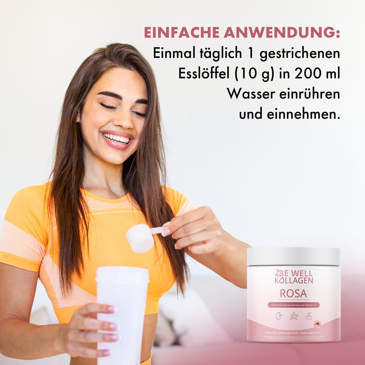 Einnahmehinweis für Be Well Kollagen Rosa mit sichtbarer Dosierangabe