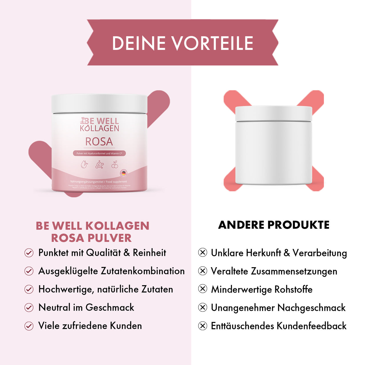 Be Well Kollagen Rosa und anderes Produkt im Vergleich mit Merkmalen und Bewertungssymbolen