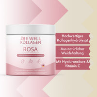 Thumbnail for Dose Be Well Kollagen Rosa neben Hinweisen zu Kollagenhydrolysat, Hyaluronsäure und Vitamin C