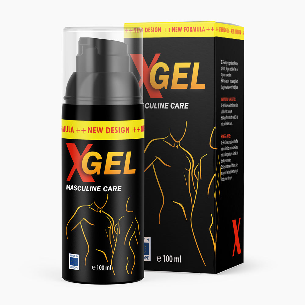 Schwarze Flasche mit Pumpspender und gelber Schrift XGEL Masculine Care mit 100 ml vor Faltschachtel