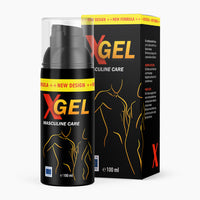 Thumbnail for Schwarze Flasche mit Pumpspender und gelber Schrift XGEL Masculine Care mit 100 ml vor Faltschachtel