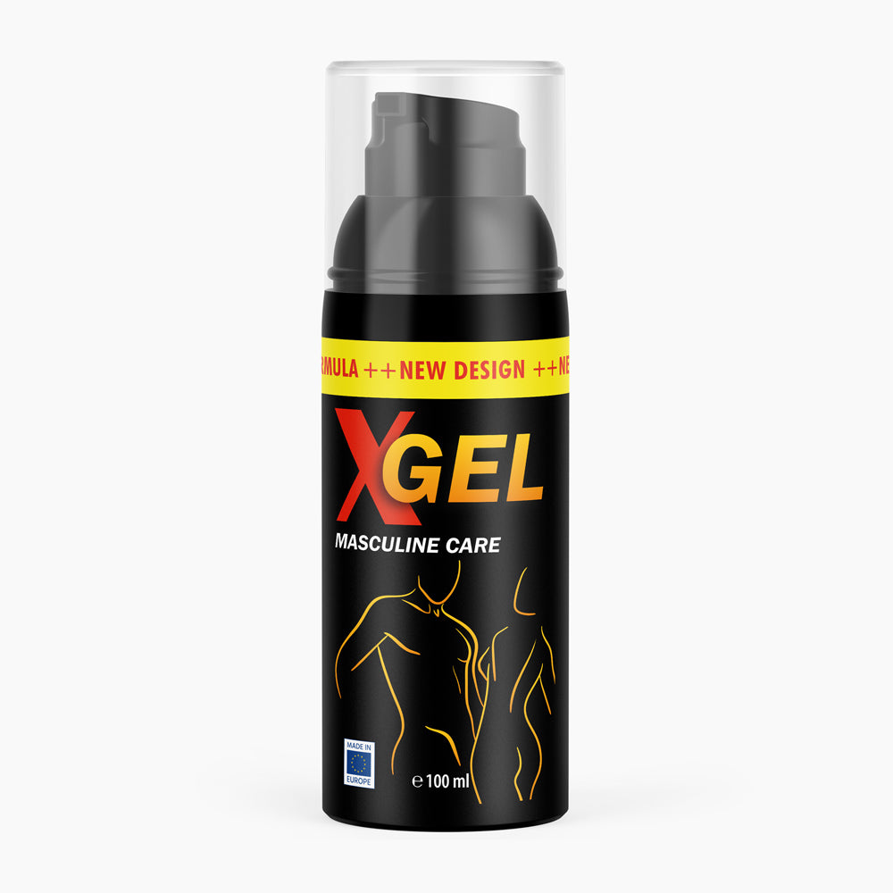 Schwarze Flasche mit rotem X und gelber Schrift GEL Masculine Care mit 100 ml und Körperkonturen