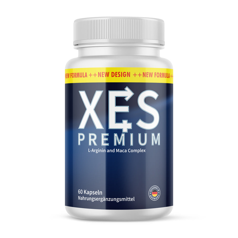 Kunststoffdose mit blauem Etikett und Schrift XES Premium L-Arginin and Maca Complex 60 Kapseln