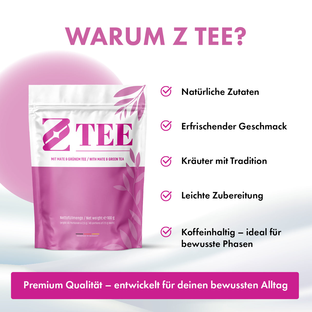 Z Tee Beutel mit sichtbaren Produktmerkmalen wie natürlichen Zutaten, Geschmack und Zubereitung