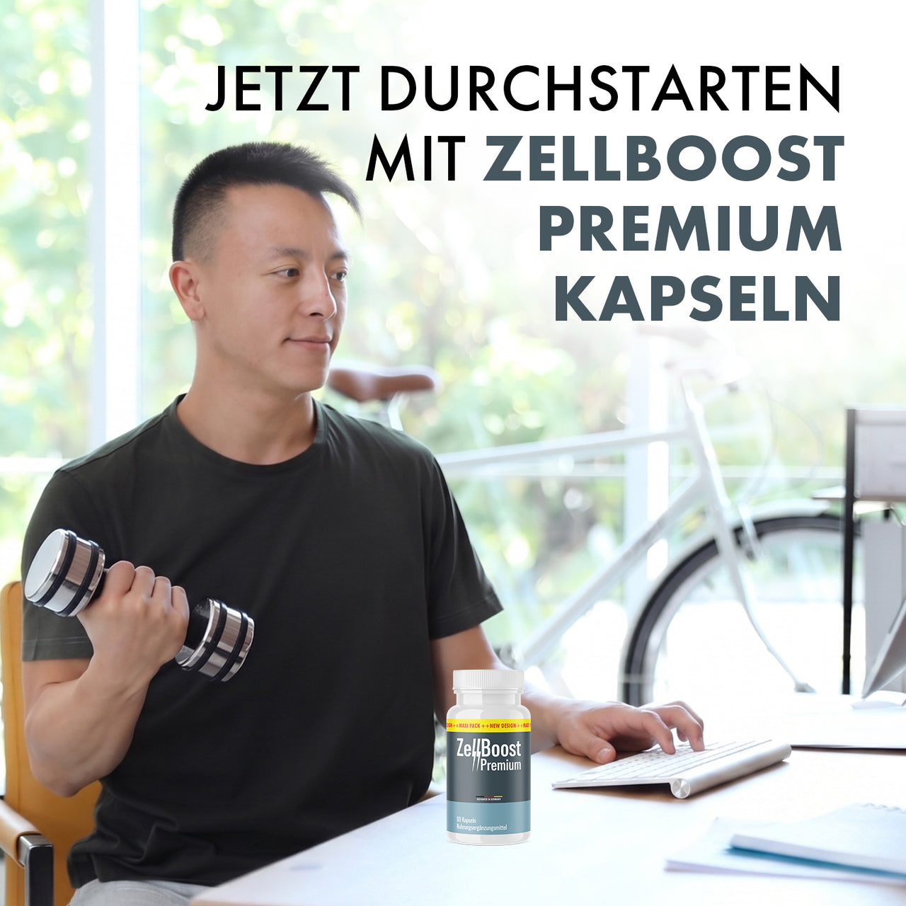 Mann mit Hantel neben ZellBoost Premium Dose und Schrift Jetzt durchstarten