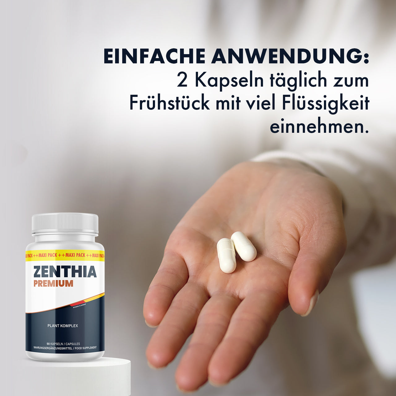 Zenthia Premium Plant Komplex 90 Kapseln Einnahme zwei Kapseln täglich mit viel Flüssigkeit