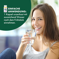 Thumbnail for Frau mit Wasserglas neben DGEST Premium und Hinweis zur Einnahme von 1 Kapsel nach dem Frühstück