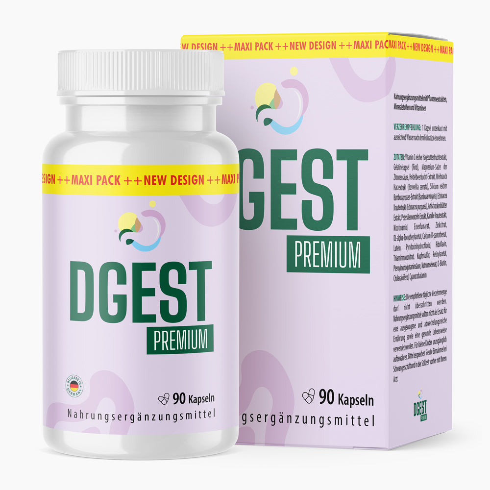 DGEST Premium als Dose und Faltschachtel mit 90 Kapseln, Nahrungsergänzung vor hellem Hintergrund