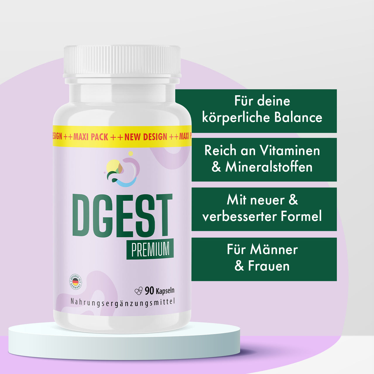 Produktbild von DGEST Premium mit 90 Kapseln und vier grünen Infoboxen auf hellem Hintergrund