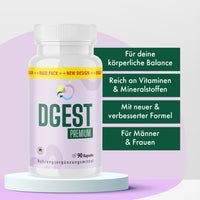 Thumbnail for Produktbild von DGEST Premium mit 90 Kapseln und vier grünen Infoboxen auf hellem Hintergrund