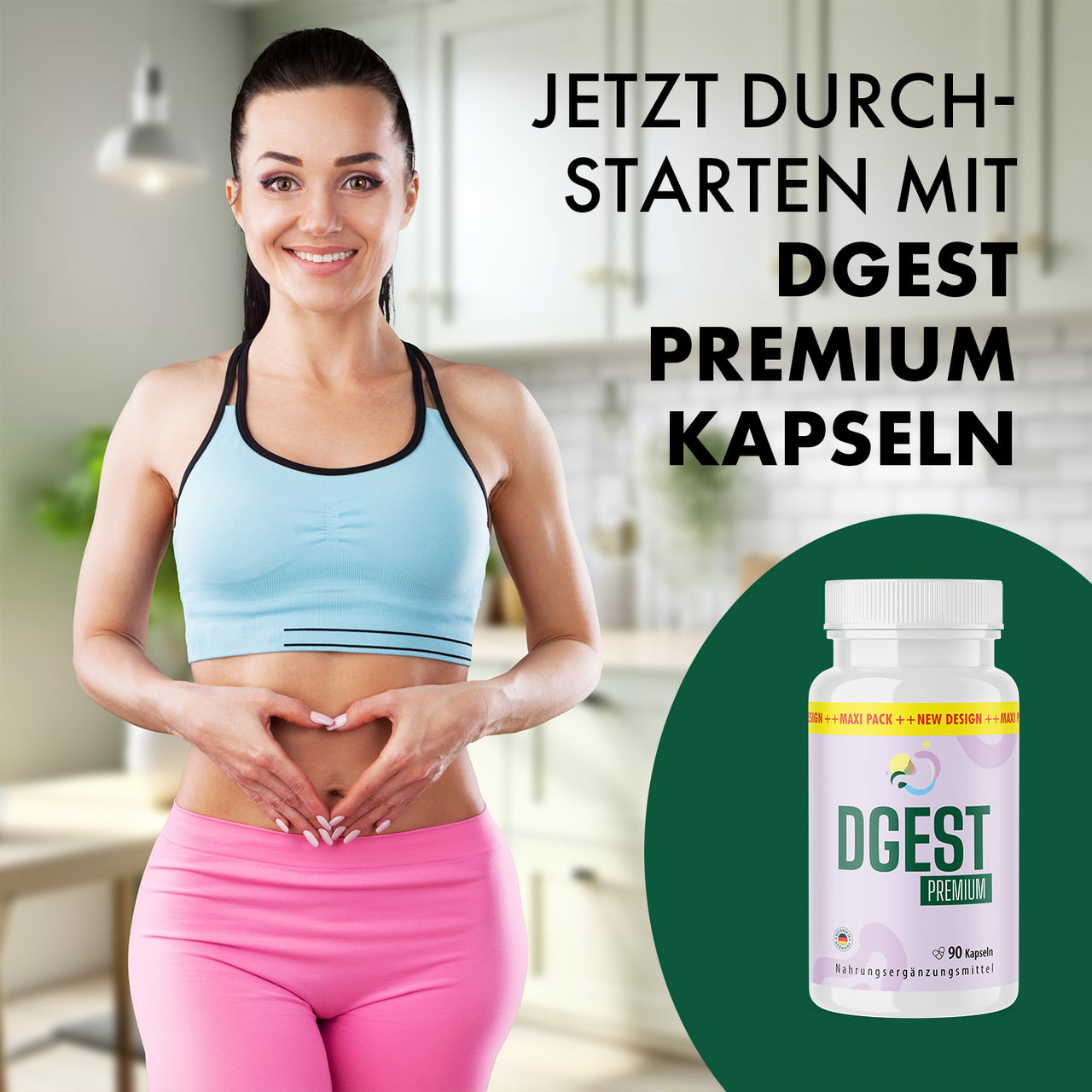 Frau in Sportkleidung vor Küchenhintergrund neben DGEST Premium Dose und Werbetext rechts außen