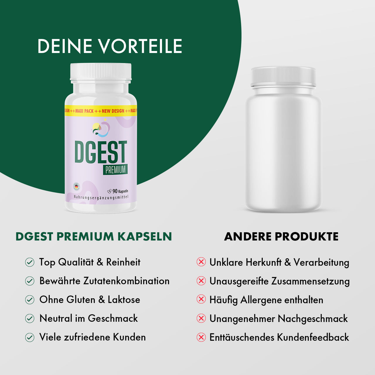 DGEST Premium im Vergleich zu anderer Produktflasche mit Listen zu Merkmalen und Unterschieden