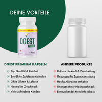 Thumbnail for DGEST Premium im Vergleich zu anderer Produktflasche mit Listen zu Merkmalen und Unterschieden