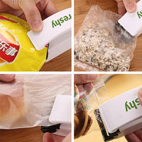 Thumbnail for Weißes Gerät mit grünem Schriftzug Freshy in vier Bildern beim Verschließen von Kunststoffbeuteln