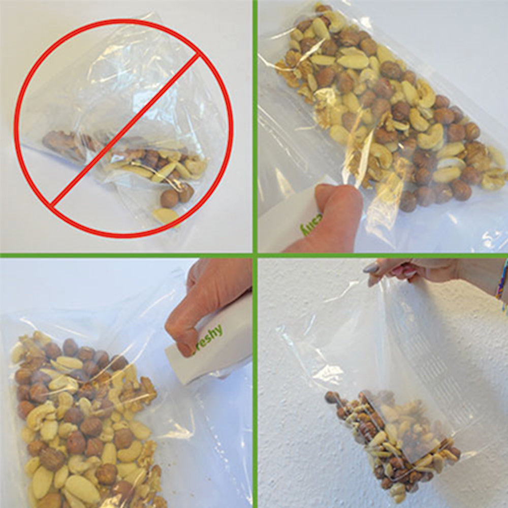 Vier Ansichten eines durchsichtigen Beutels mit Nüssen, teils offen, teils mit Gerät verschlossen