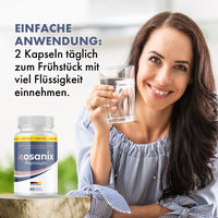 Thumbnail for Frau hält ein Glas Wasser neben myosanix Premium mit Einnahmehinweis zu 2 Kapseln täglich morgens