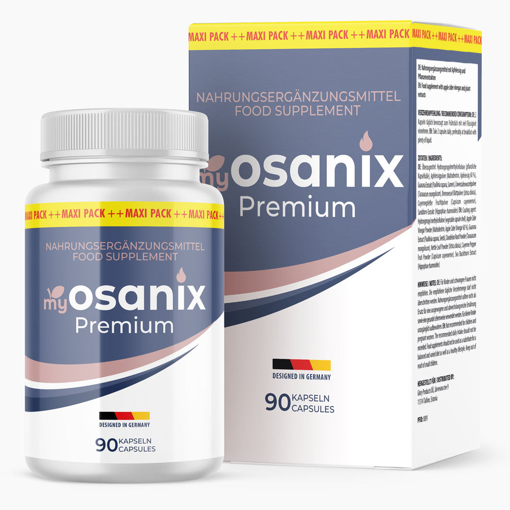 Dose und Verpackung von myosanix Premium mit Maxi-Pack-Band und Angabe von 90 Kapseln sichtbar