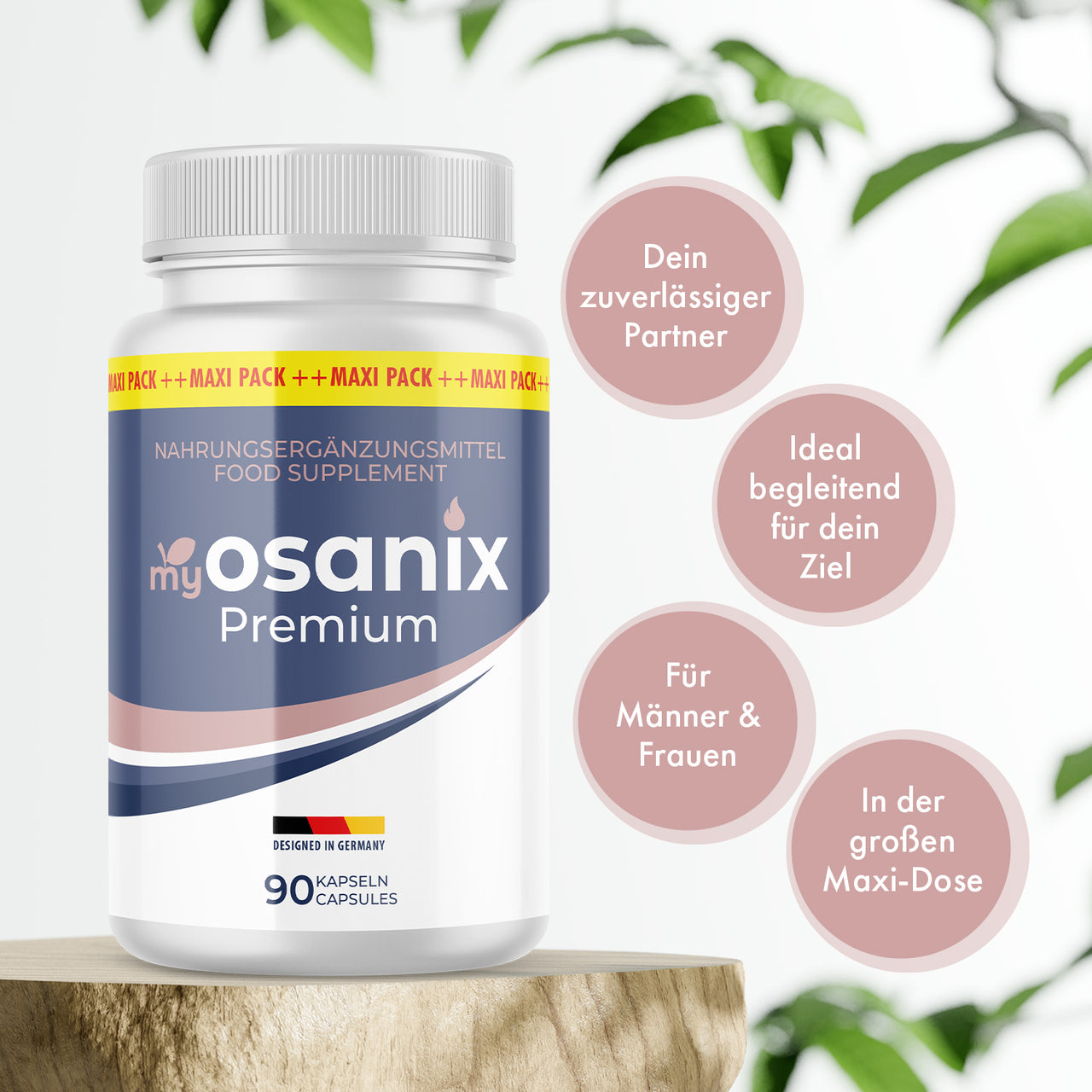 myosanix Premium in weißer Dose mit vier Infokreisen zu Produktmerkmalen und 90 Kapseln sichtbar