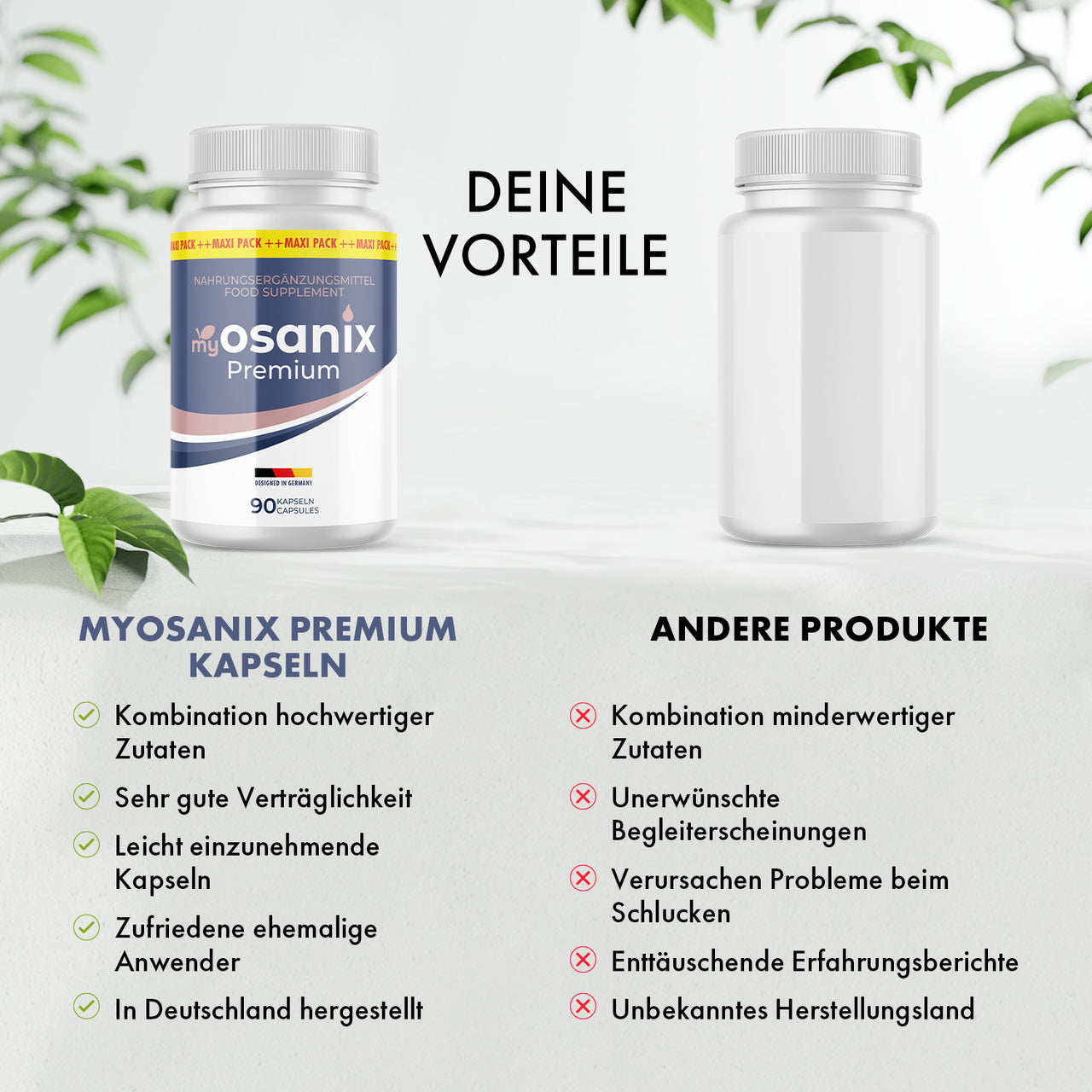 myosanix Premium wird einer neutralen Dose mit Vorteilen und Nachteilen gegenübergestellt