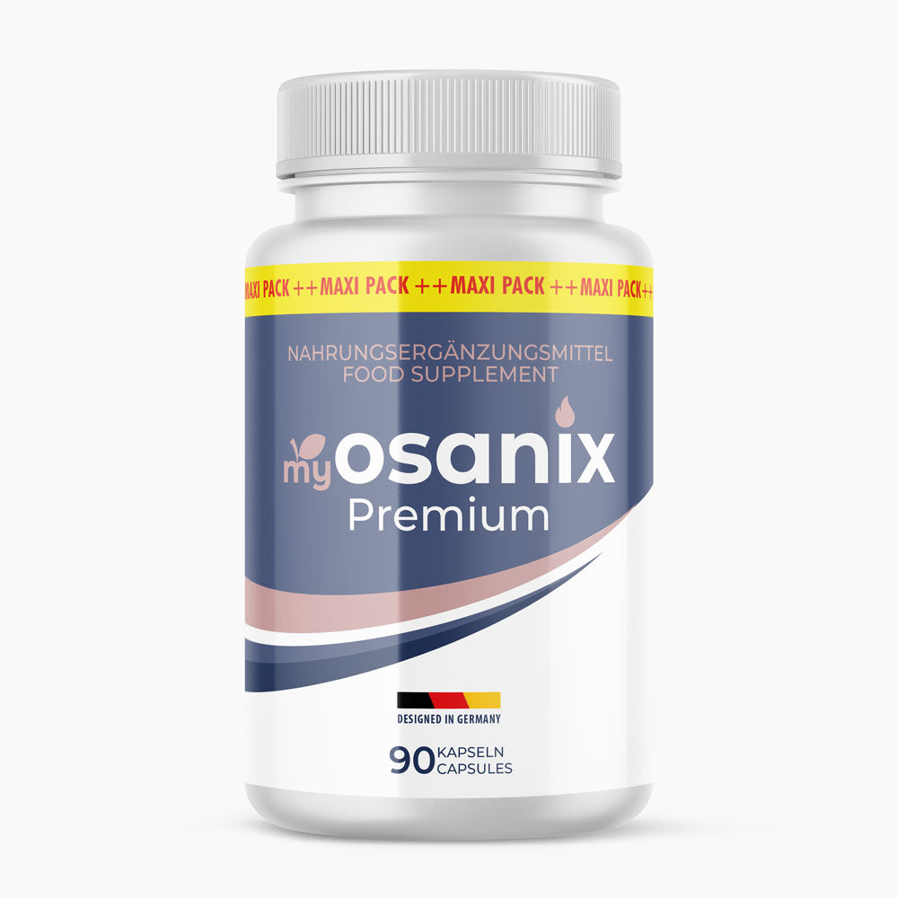 Weiße Dose myosanix Premium mit blauem Etikett, Maxi-Pack-Band und Angabe von 90 Kapseln sichtbar