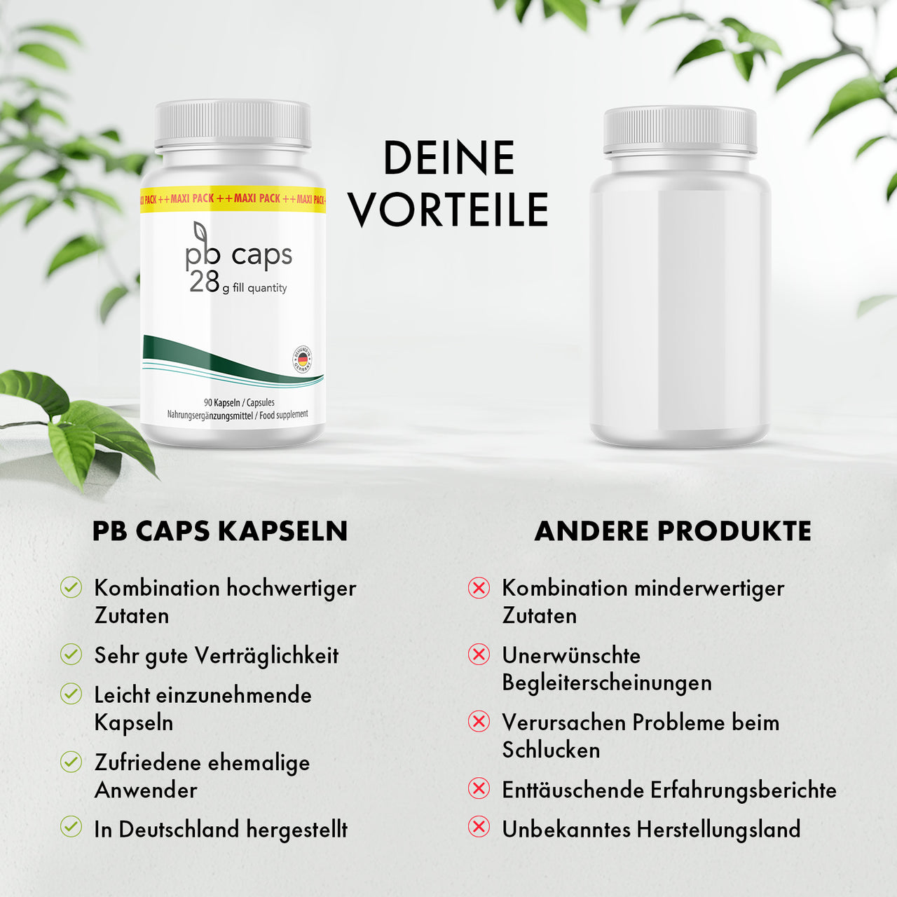 pb caps Dose neben neutraler weißer Dose, darunter Vergleich mit Bewertungssymbolen und Text